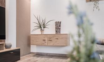 A modern living space with a wood-colored sideboard and a plant vase. In the background, bright walls and a cozy sofa can be seen.