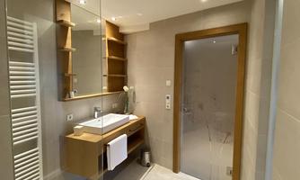 A modern bathroom with an elegant sink and a large mirror. The walls are in neutral colors, and there is a glass shower area.