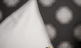 A piece of candy lies on a bed with a white pillow in the background. The wall has a graphic floral pattern.