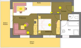 An apartment with an open floor plan that features a living room, a kitchen, a bedroom, and a bathroom. There are balconies on the west and south.