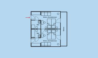 A floor plan of a living space with several rooms. The rooms are labeled as bedrooms and living/sleeping areas.