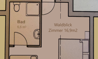 A floor plan of a living space with a bathroom and a bedroom. The bedroom has an area of 16.9 m² and a view of the forest.
