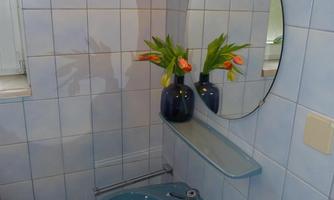A small bathroom with blue tiles and a round mirror. On the sink, there is a vase with fresh tulips.