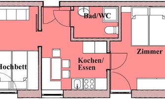 A simple floor plan sketch of an apartment. It shows a bedroom, a kitchen with a dining area, and a bathroom.