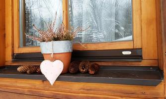 A wooden windowsill with a pot full of plants and a heart-shaped decoration. There are also pine cones lying there, and the view shows snowy trees.