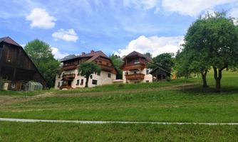 A picturesque landscape with several chalets, surrounded by green meadows and trees. The sky is blue with some white clouds.