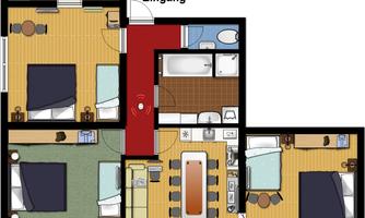A floor plan of a house with several rooms. There are bedrooms, bathrooms, and a dining area, as well as an entrance.
