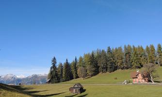 A quiet landscape with green meadows and wooded hills. In the background, the mountains and a clear blue sky are visible.