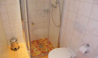 A small bathroom with a shower and a toilet. The floor is tiled and a waste bin as well as a towel holder are visible.