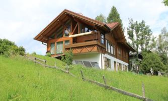 A beautiful wooden house on a meadow with green plants. In the background, trees and a clear sky are visible.