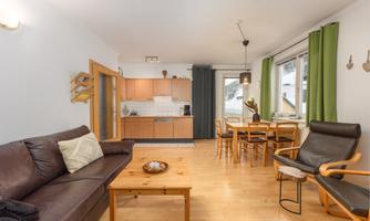 A cozy living room with a brown couch, a wooden table, and a dining table. The kitchen is open and bright, with large windows and green curtains.