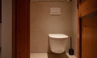 A modern bathroom with a stylish toilet. The walls are equipped with light tiles and there is a roll of toilet paper nearby.
