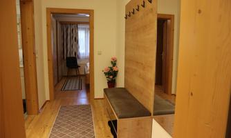 A bright hallway with wood paneling and a wardrobe. On a bench, there is a plant with flowers and a carpet lies on the floor.