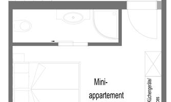 A floor plan of a mini-apartment on the second floor. It shows a sleeping area, a bathroom, and a small kitchenette.