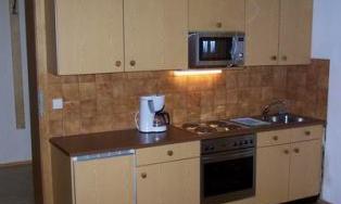 A modern kitchen with wooden cabinets and a stove. It is well-equipped with a kettle and a microwave.