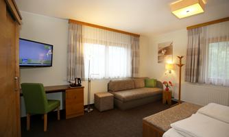 A cozy hotel room with a double bed, a sofa, and a television. The large windows let in a lot of light and create a pleasant atmosphere.