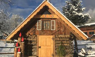 A cozy wooden cabin in the snow, surrounded by snow-covered trees. The cabin has a sloping roof and an inviting front door.