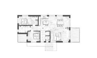 A floor plan drawing of a house with multiple rooms. The areas are clearly defined, including living room, kitchen, and bedroom.