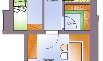 An overview of the floor plan of an apartment with various rooms. The rooms include a living room, a kitchen, a bathroom, an entrance hall, and two bedrooms.