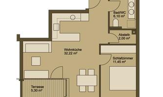 A floor plan drawing of an apartment. The area includes a bedroom, a bathroom, a storage room, and a living kitchen area with a terrace.