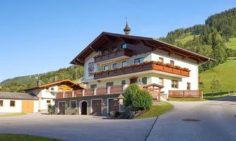 A picturesque, traditional Alpine house with wooden decorations and balconies. Nestled in a green mountain landscape with a clear sky.