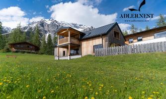 A modern wooden house in front of an impressive mountain landscape. The meadow is filled with yellow flowers and the sky is clear and blue.