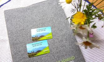 A gray folder with the print "Schladming - Dachstein" is lying on a table. Next to it are several maps and a small vase with fresh flowers.