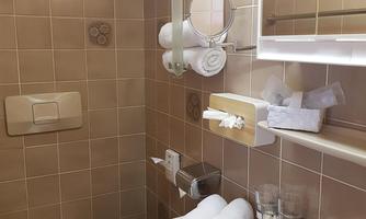 A small bathroom with a toilet and a sink. There are towels and a large mirror on the wall.