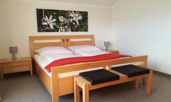 A cozy bedroom with a double bed and a red bedspread.  
On the wall hangs a picture of flowers, and there are two nightstands with lamps.