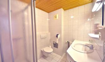 A clean bathroom with a shower cubicle and a toilet. White tiles and a wooden ceiling give the room a modern atmosphere.