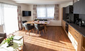 A modern holiday apartment with bright wooden flooring, a dining table, and a furnished kitchen. Large windows provide pleasant light and an inviting atmosphere.
