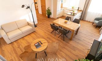 A modern living room with a bright sofa and a dining table. The room is well-lit and has wooden flooring as well as a cozy atmosphere.