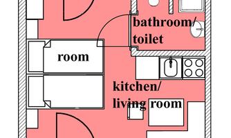 A casual apartment floor plan drawing with two rooms, a kitchen/living room, and a bathroom. The rooms are clearly separated and well-structured.
