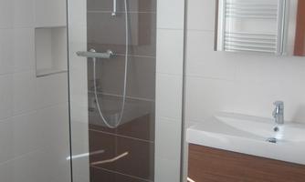 A modern bathroom with a shower cabin and a sink. The walls are light and the furniture is made of wood.