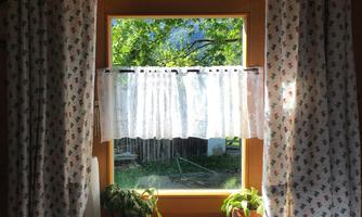 A window with bright curtains and a view of a green garden. On the windowsill, there are two plants.