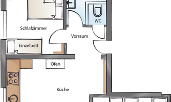 A schematic representation of an apartment with two bedrooms, a kitchen, and a bathroom. The rooms are clearly arranged and labeled.