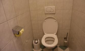 A simple bathroom with a toilet and a toilet paper holder. The walls are tiled and there is a trash can.