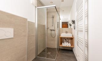 A modern bathroom with a shower cubicle and a sink. Towels are neatly placed on a shelf.