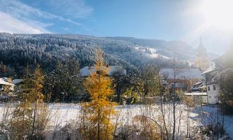A winter landscape with snow-covered trees and a clear blue sky. In the background, there are mountains and a village with a church.