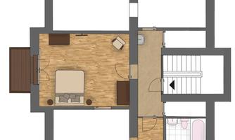 A floor plan sketch of a house with several rooms. The rooms are clearly defined, including a living area, bedroom, and bathroom.