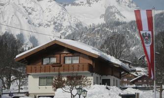 A cozy wooden house in the snow, surrounded by majestic mountains. A flag with Austrian colors is waving in the foreground.