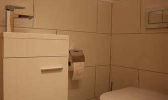 A modern bathroom with a white toilet and a simple sink. The walls are brightly tiled, and there is a small plant pot for decoration.