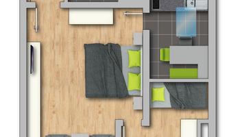 A clear apartment layout with one bedroom, a kitchen, and a living room. The furniture is modern and in light colors.