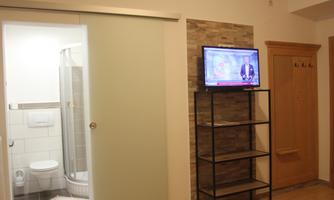 A bright room with a glass sliding door leading to a bathroom. A television is mounted on the wall on a black shelf, and a wooden cabinet is visible.
