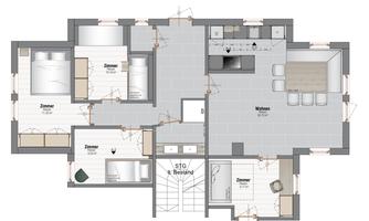 A floor plan drawing of an apartment with two bedrooms, a living room, and a kitchen. The rooms are clearly arranged and well connected.