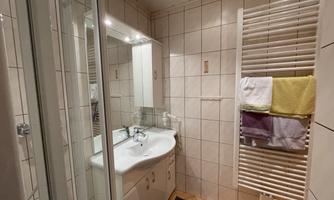 A modern bathroom with a sink, a mirror, and a shower cabin. Colorful towels are hanging on the wall.