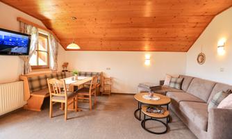 A cozy living room with a wooden ceiling and natural light. The room includes a sofa, a dining table, and a television.