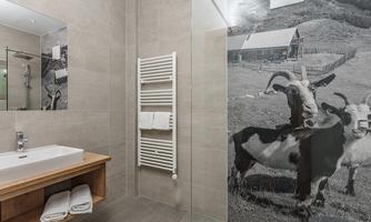 A modern bathroom with a large shower and a wooden washbasin. On the wall is a picture of goats in a rural setting.