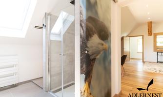 A modern bathroom with a shower and a glass wall. In the background, you can see a bright living area with wooden flooring.