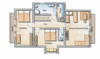 A floor plan of an apartment shows bedrooms, a bathroom, a sauna, and a living/dining area with a kitchen. Additionally, two balconies are indicated.